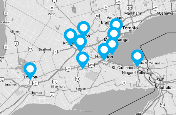 Locations served in Southern Ontario